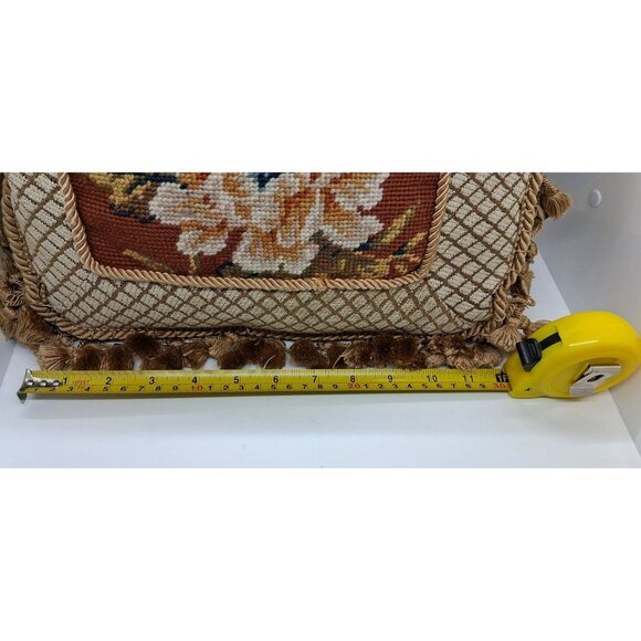 Vintage Floral Needlepoint Tapestry Throw Pillow With Tassel Trim Beige & Rust - Picture 9 of 10